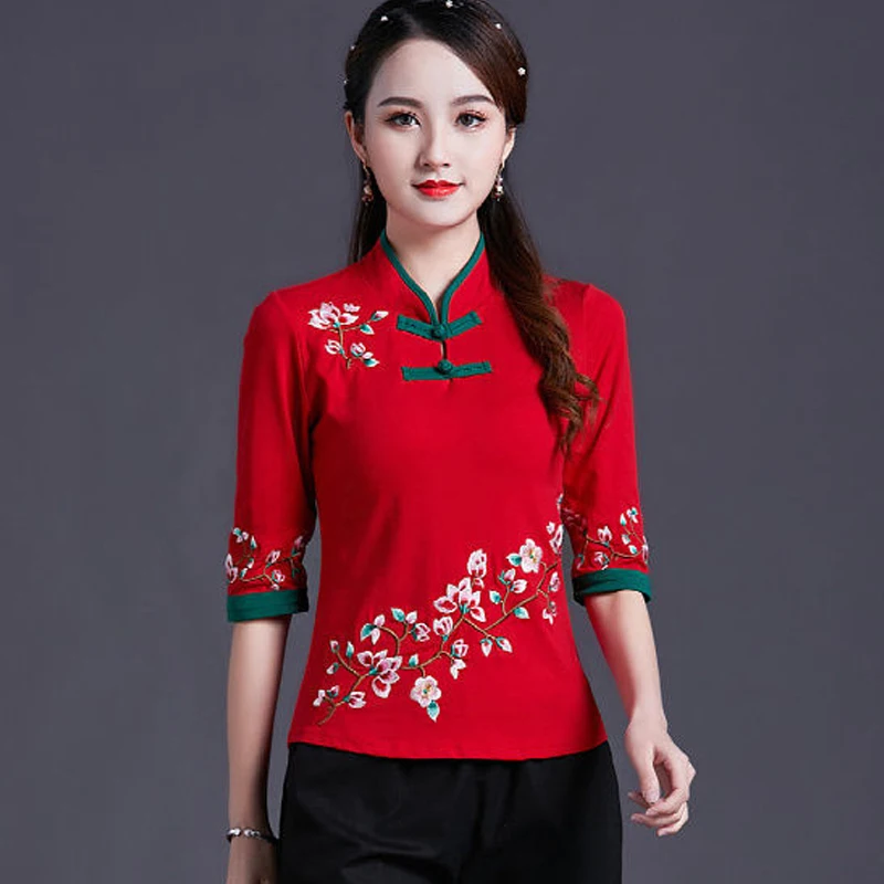 

Cheongsam Women's Tops 2022 Summer Fashion Cotton Embroidery Splicing Stand Collar Chinese Style Qipao Shirts Woman Cheongsam