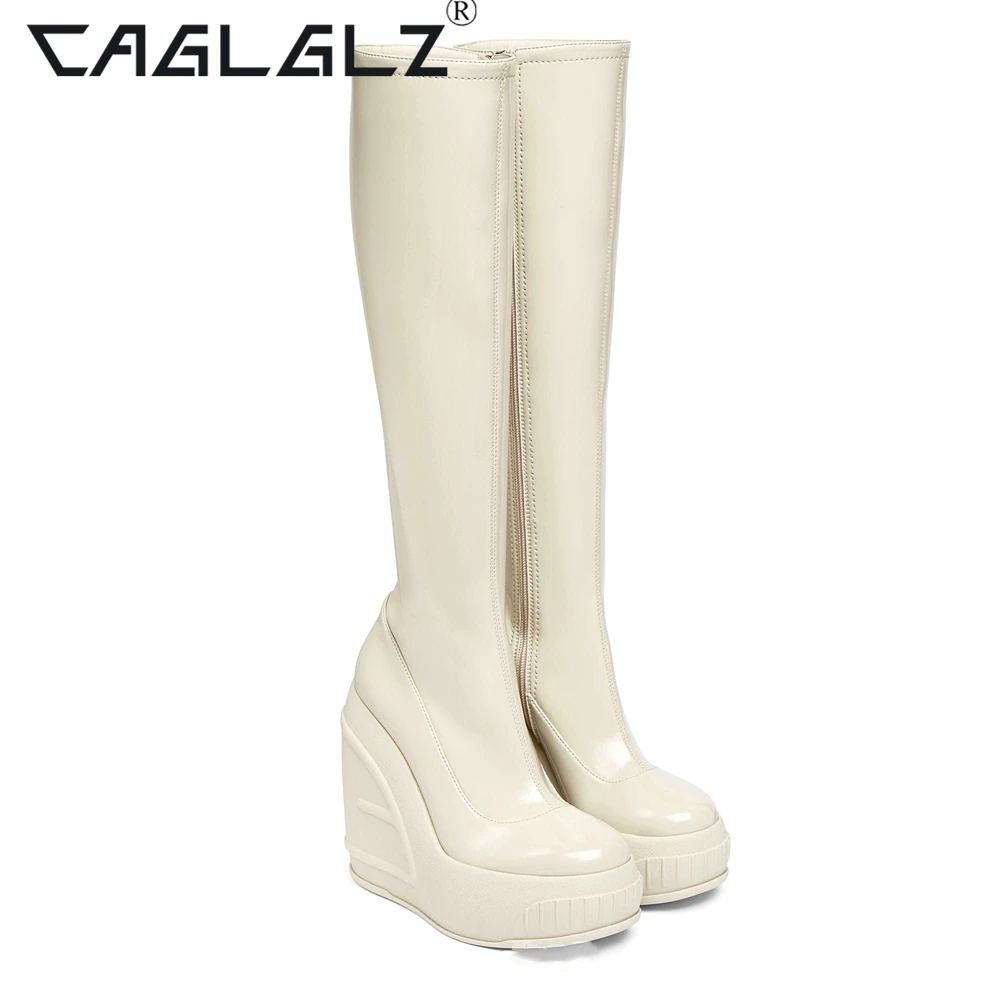 2023 CAGLGLZ Autumn and Winter New Women's Zipper Round Head Fashion Party Lacquer Leather Wedge High Heel Boots 14 inch shoes