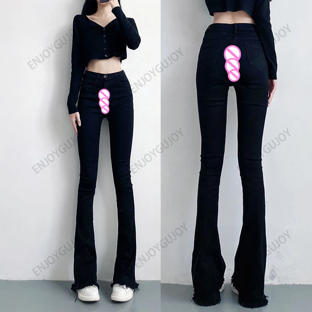 Узкие Эластичные черные женские джинсы повседневные брюки-клеш с высокой талией