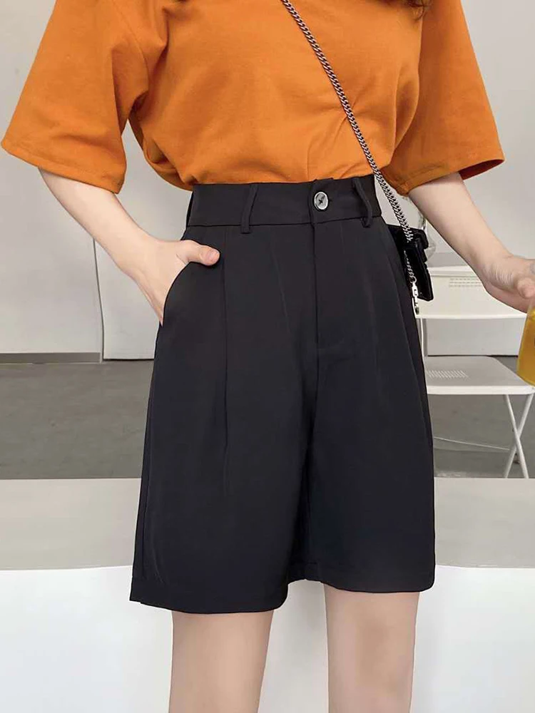 2022 Summer Women High Waist Black Suit Shorts Wide Leg Knee-length Shorts with Pockets Button Ladies Casual Loose Short Pants
