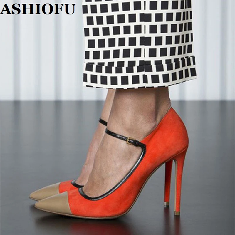 

ASHIOFU New Classic Style Handmade Ladies High Heel Pumps Mary Janes Sexy Party Prom Shoes Patchwork Evening Fashion Court Shoes