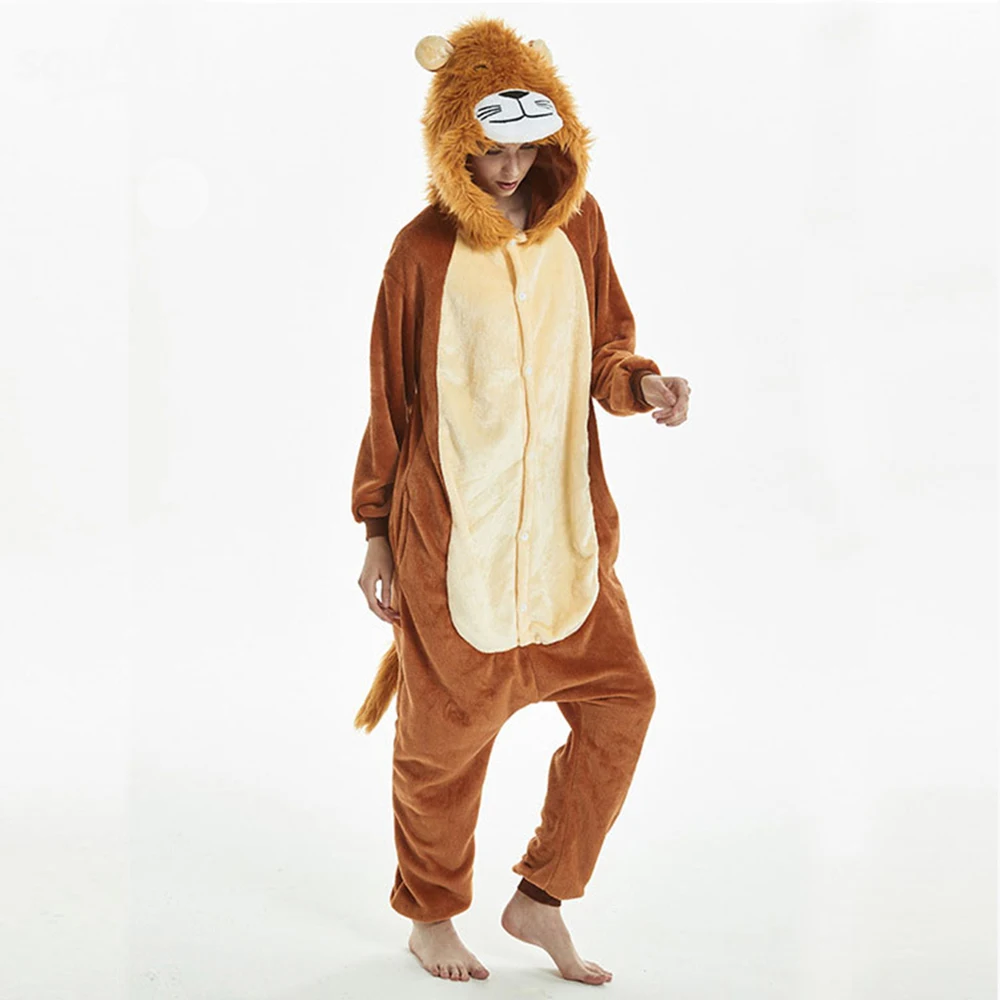 

Kigurumi Lion Overalls Adult Hooded Onesie Winter Warm Flannel Animal Pajamas Unisex Men Sleepwear For Halloween Cospaly Costume