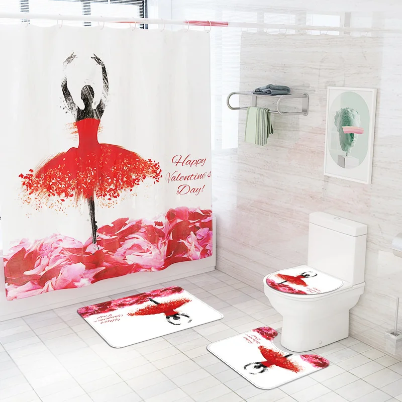 

Valentine's Day Girl Digital Print Home Decor Bathroom Toilet Cover Sets Waterproof Shower Curtain Mats Carpet Rugs Suits