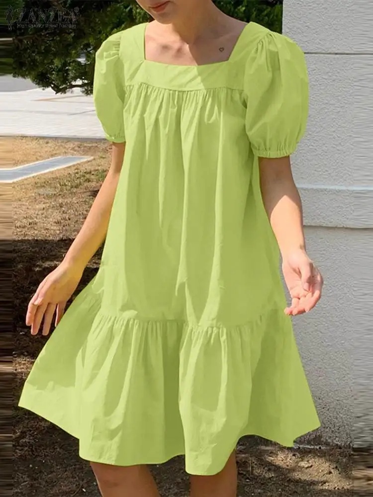 

2022 ZANZEA Summer Women Fashion Ruffles Dress Elegant Casual Party Holiday Sundress Robe Square Neck Short Sleeve Vestidos