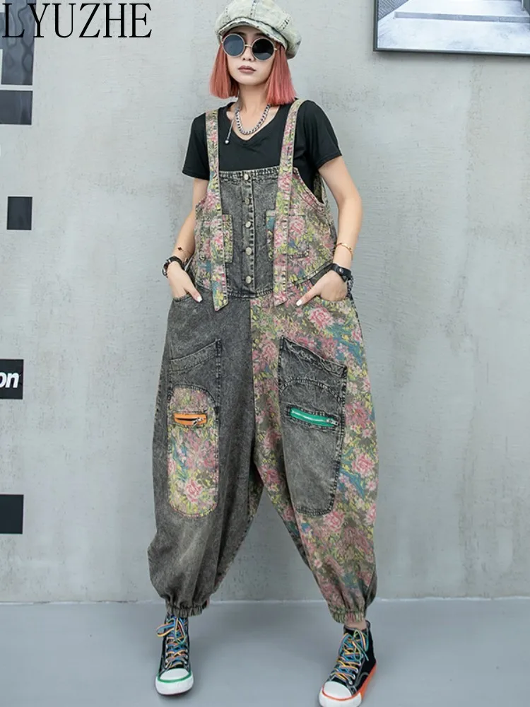 

LYUZHE Worn Floral Patchwork Denim Straps Women 2023 Summer New Loose High Waisted Wide Leg Jumpsuit ZXF619A