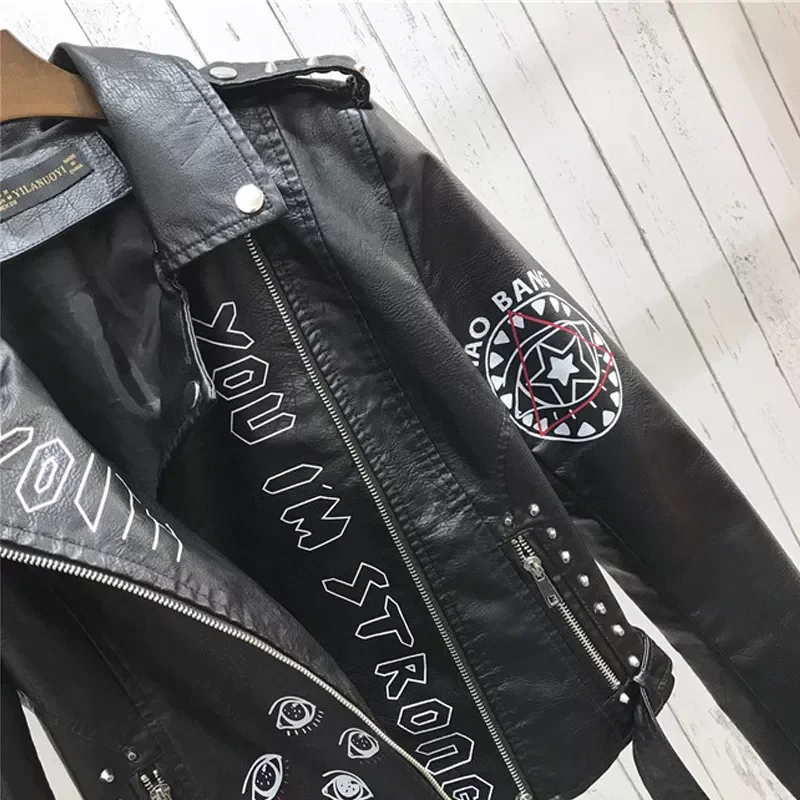 New in 2022 New Autumn Women Winter Faux Soft Leather Jackets Coats Lady Black PU Rivet Zipper Epaulet 3D print Motorcycle Stree