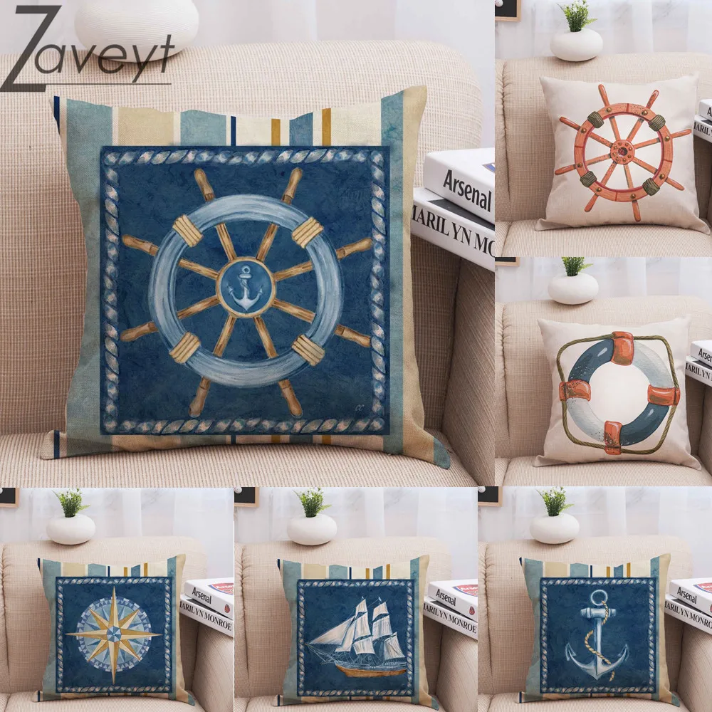 

Linen Ocean Mediterranean Sea Compass Anchor Navy blue Cushion Cover Captain Rudder Ship Decorative Pillowcase 40x40 45x45cm