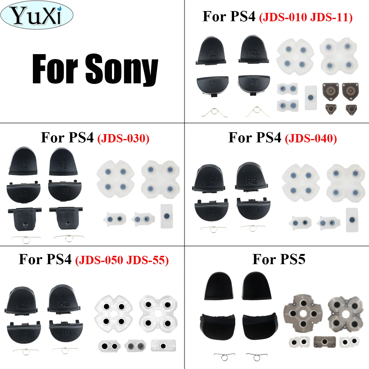 

YuXi Handle Repair Parts Conductive Rubber Pad + L1 R1 L2 R2 Trigger Buttons +Spring For PS5 PS4 JDS JDM-010 011 030 040 050 055