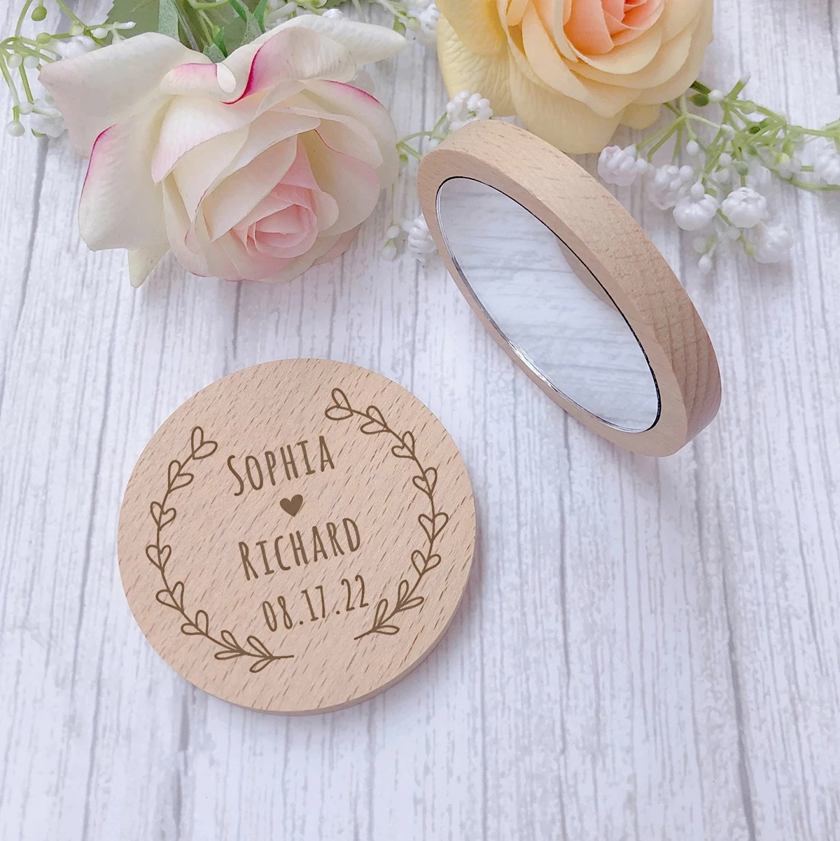 

Personalized Pure Wood Makeup Mirror Round Portable Mirror Customized Gift Logo Makeup Little Princess Mirror