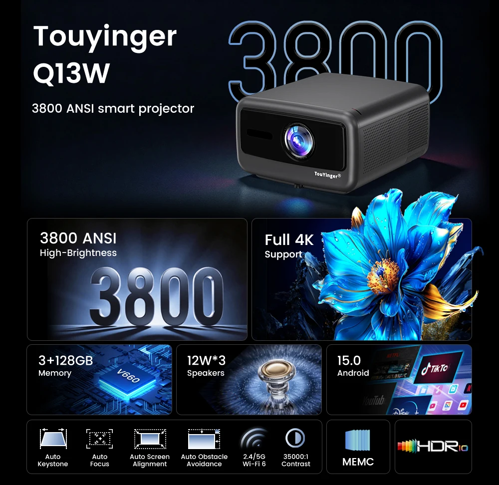 Фото Светодиодный проектор Touyinger Q13W Android 15,0 3800 ANSI 4K Декодирование Портативные встроенные колонки HIFI Стерео №3