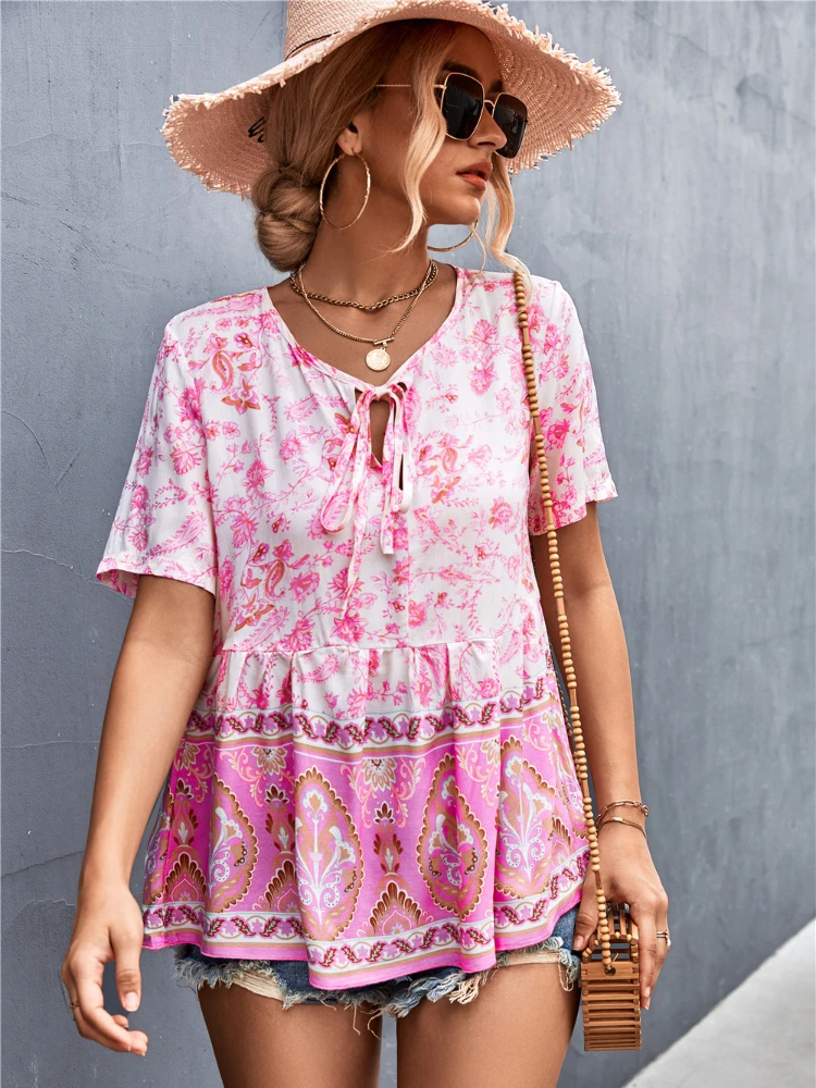 

Женская футболка на шнуровке, экзотический богемный топ на бретельках с V-образным вырезом и принтом, весна-лето 2022