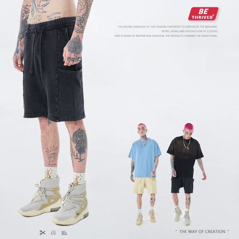 

men's Be clothing | 2023 summer high street washing used Pocket Shorts American fashion brand fried Street wide leg pants