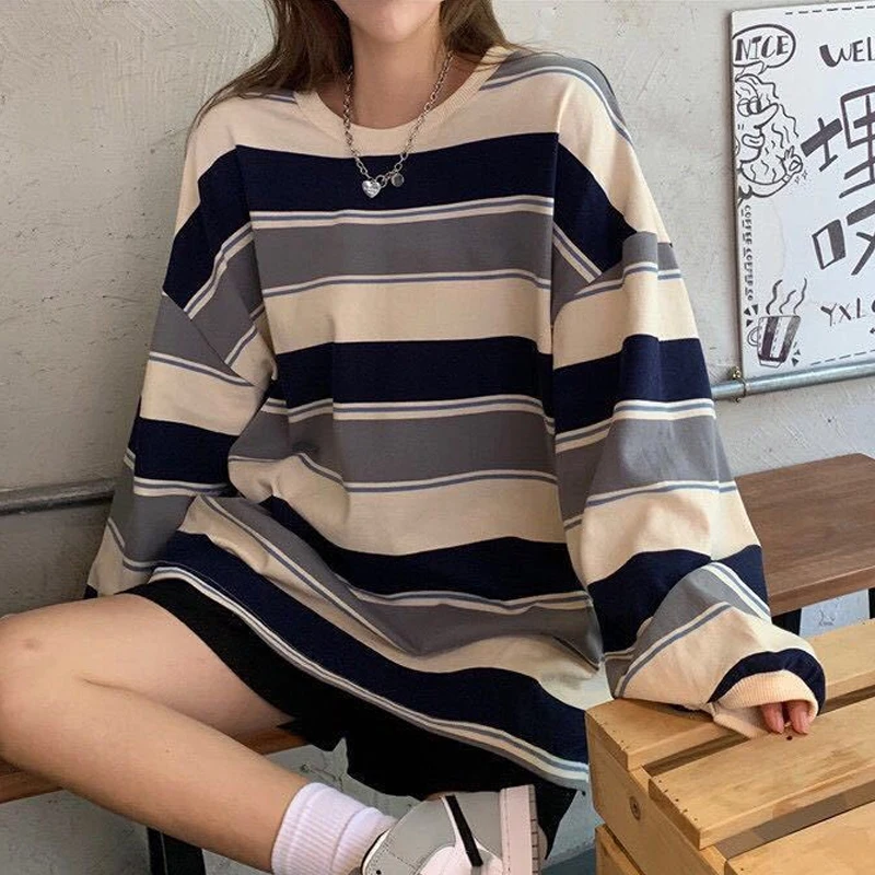 

Women Sweatshirt Striped Thin Pullover T Shirt Harajuku Pullovers Korean Fashion Couples Matching Long Sleeve Tops Sweatshirt
