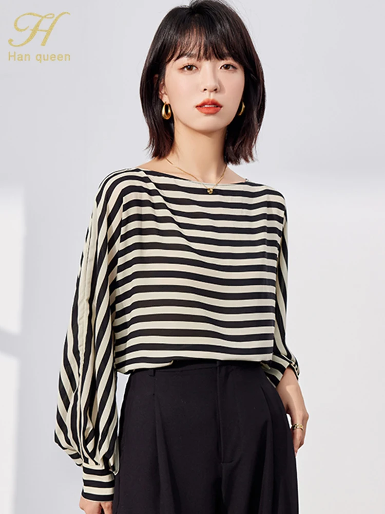 

H Han Queen 2023 Vintage Tops Loose Chiffon Office Lady Blouse Female Shirt Long Sleeve Casual Korean Women ChicStripe Blouses
