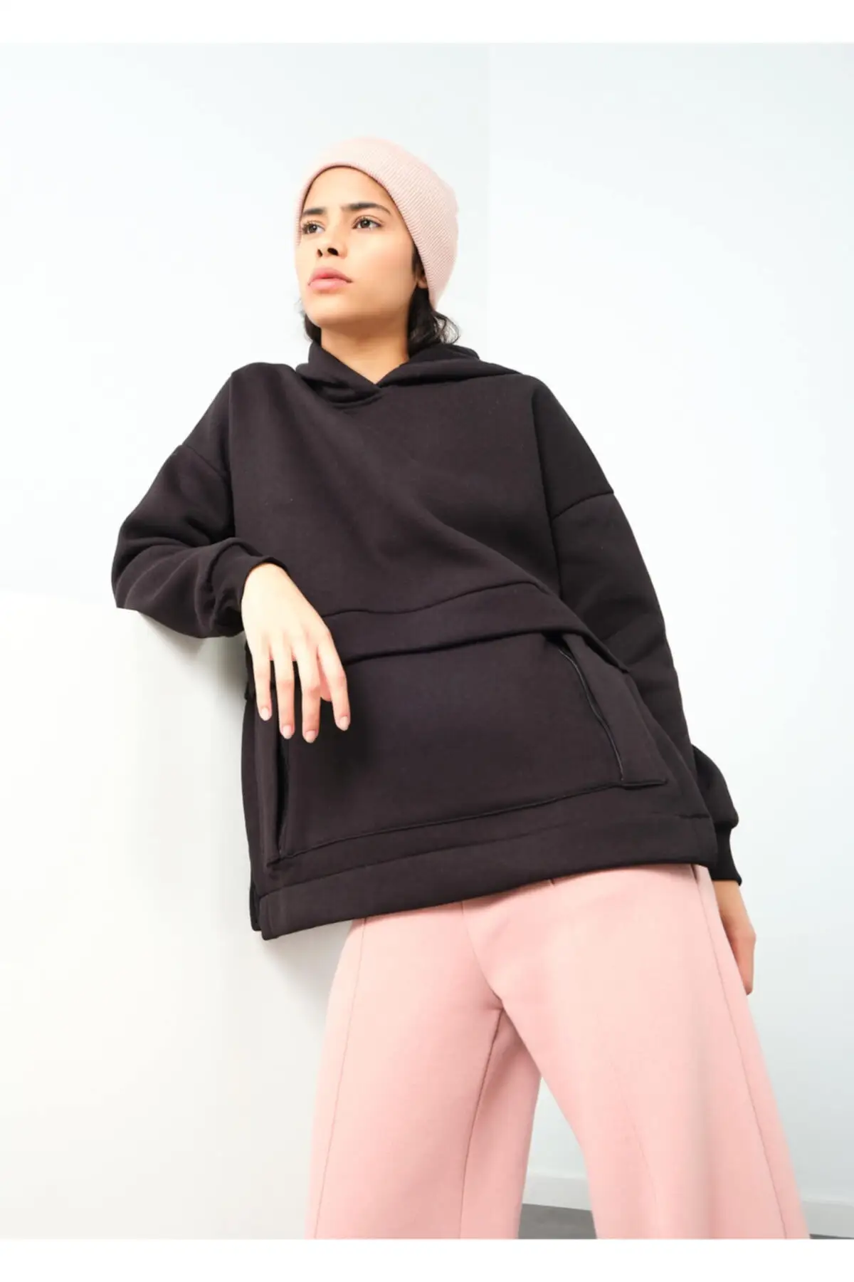 

Women's Sweatshirt Black Slit Detail Pocket Hooded Rack Hoodies Fashion All Season New Designer Pullovers Hoodies