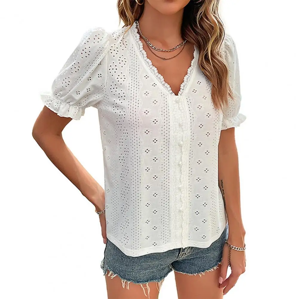 

White Women Blouse Hollow Out Short Sleeve Button V-neck Lace Solid Color Shirring Summer Blouse