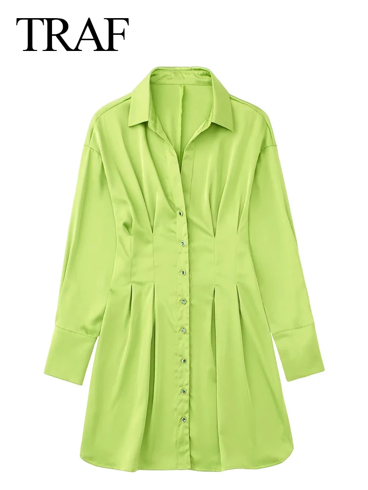 

TRAF Commuter Fashion Shirt Dress Lapel Single-breasted Long-sleeved Solid Color Dress Pleated Waist Trend Daily Chic Women
