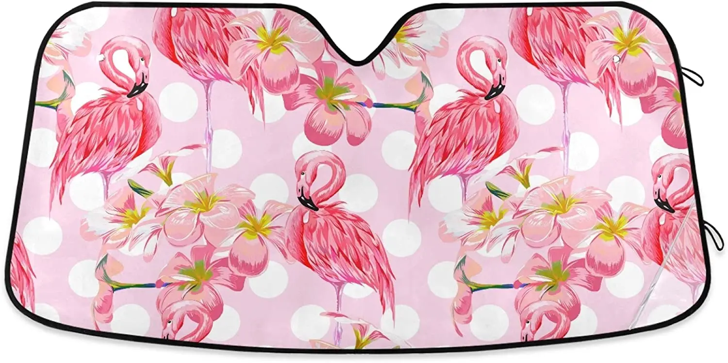 

Summer Tropical Flamingos Car Windshield Sun Shade Pink Flowers Floral Sunshades Reflective UV Rays Protector Keep Your Vehicle