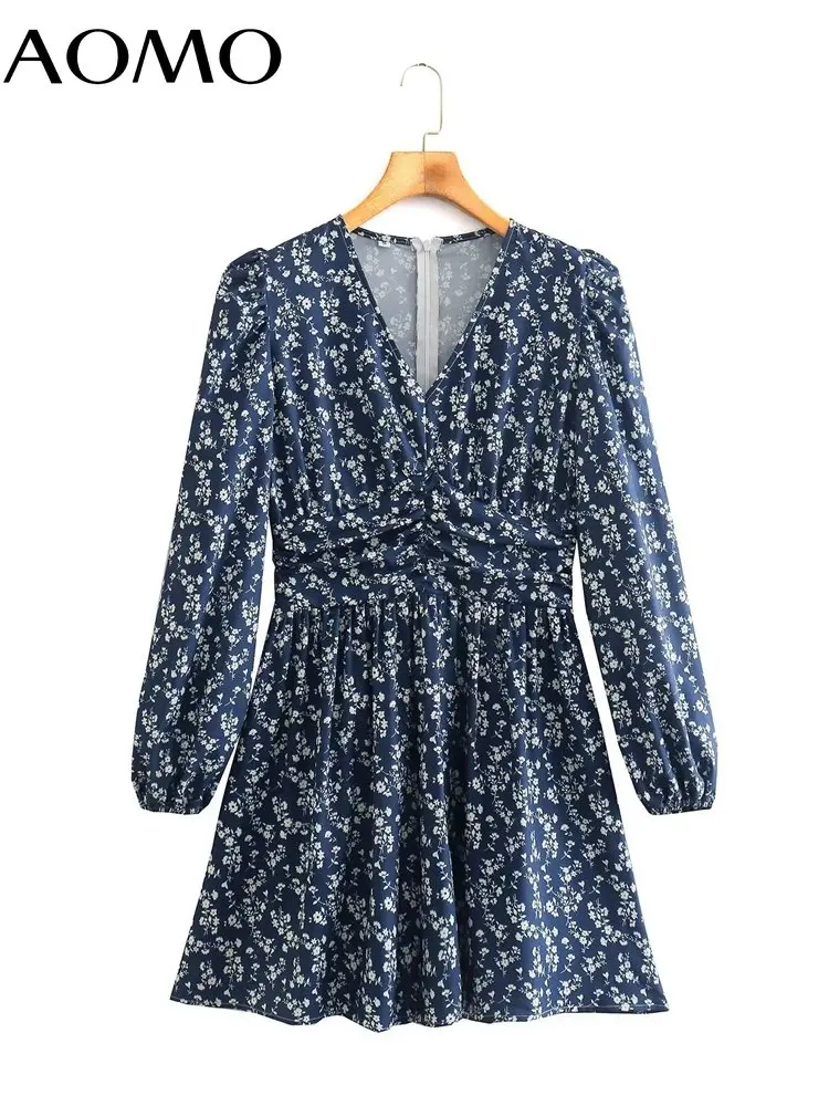 

Женское мини-платье с цветочным принтом, V-образным вырезом и длинным рукавом