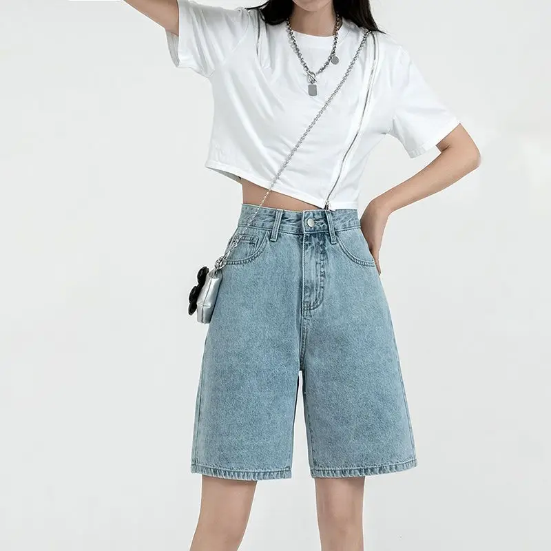 

Повседневные однотонные шорты с широкими штанинами, джинсовые шорты до колен, женская модная женская одежда