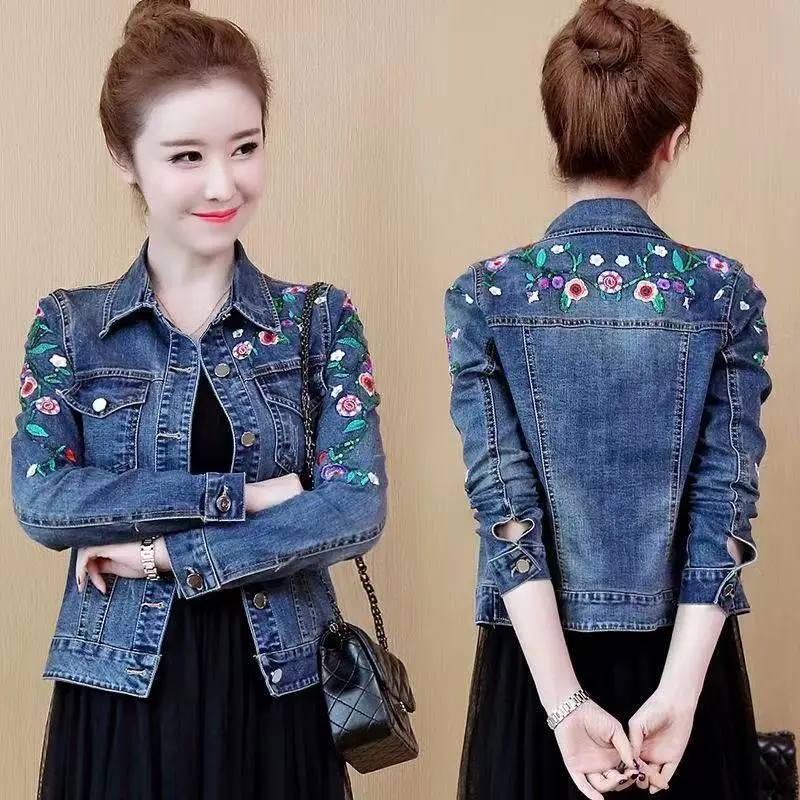 

Ladies embroidered denim jacket large size 5XL spring and autumn new short jacket elastic fashion blue denim short jacket women