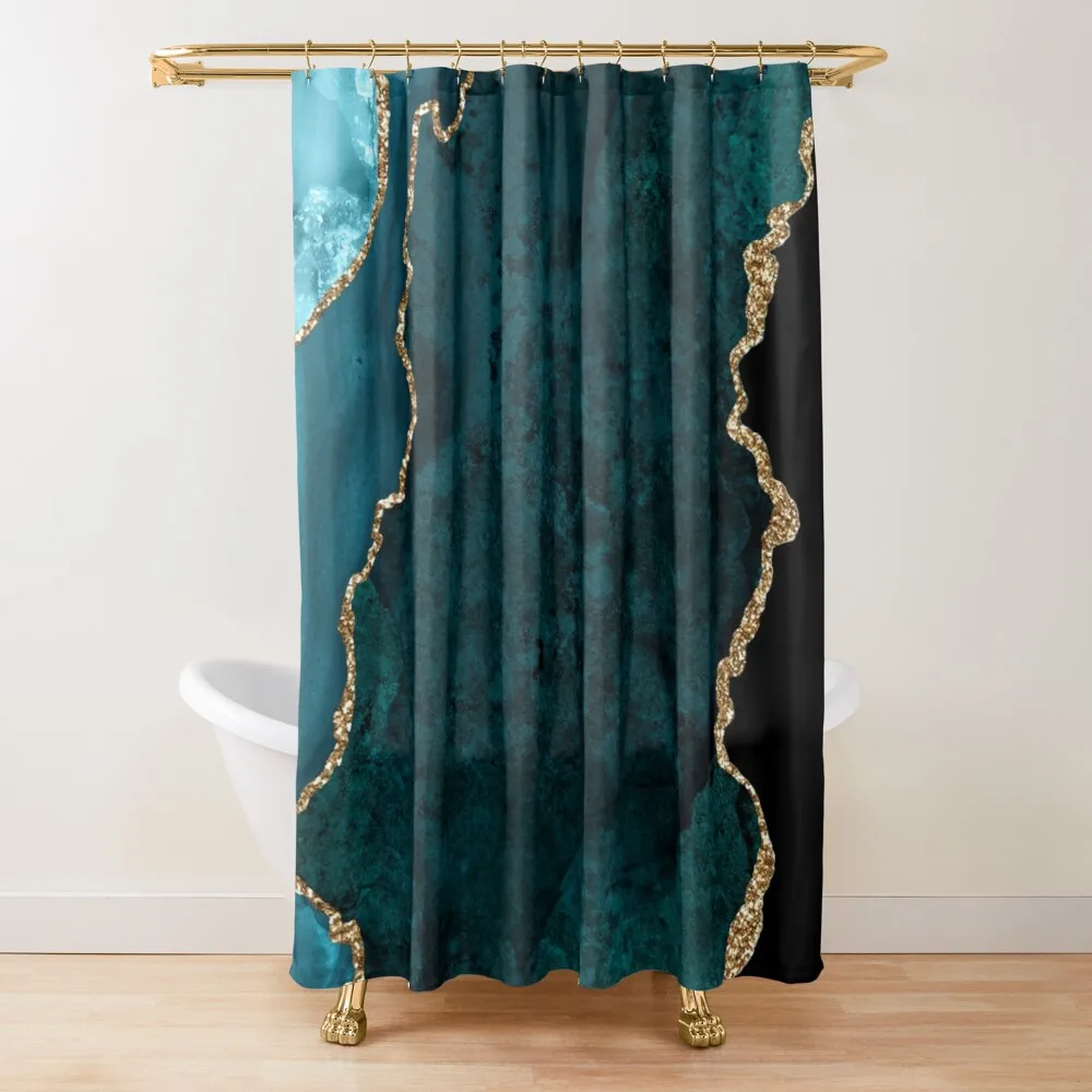 

Watercolor Agate In Teal Green And Turquoise With Glitter Veins Bathroom Gradient Funny Shower Curtains