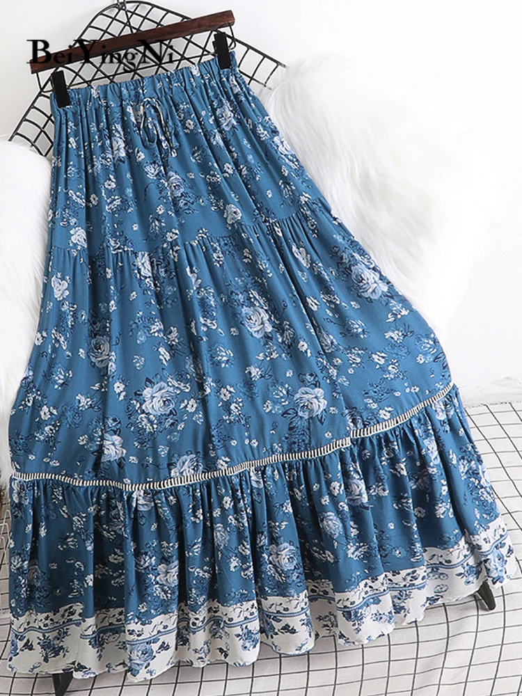 

Beiyingni Women Drawstring Long Maxi Skirt Vintage Floral Print Hollow Out Patchwork Pleated A-line Skirts Casual Elegant Faldas