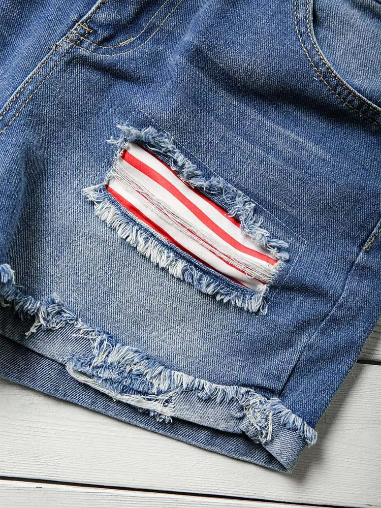 American Flag Star Striped Ripped Hole Denim Shorts Jeans Summer Female Loose Short Women Clothing Pantalones Cortos Ropa Mujer