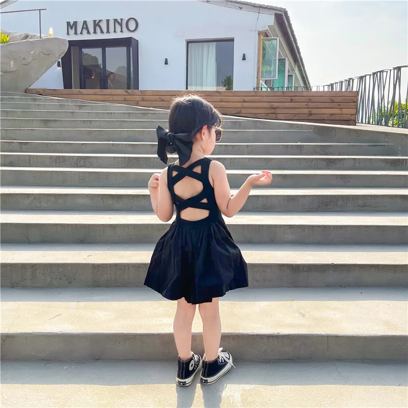 

MIDODO 2022 Summer Girls Fashion Backless Sleeveless Black Dress Children Vacation Style Cotton Bandage O-neck Dress Kid Clothes