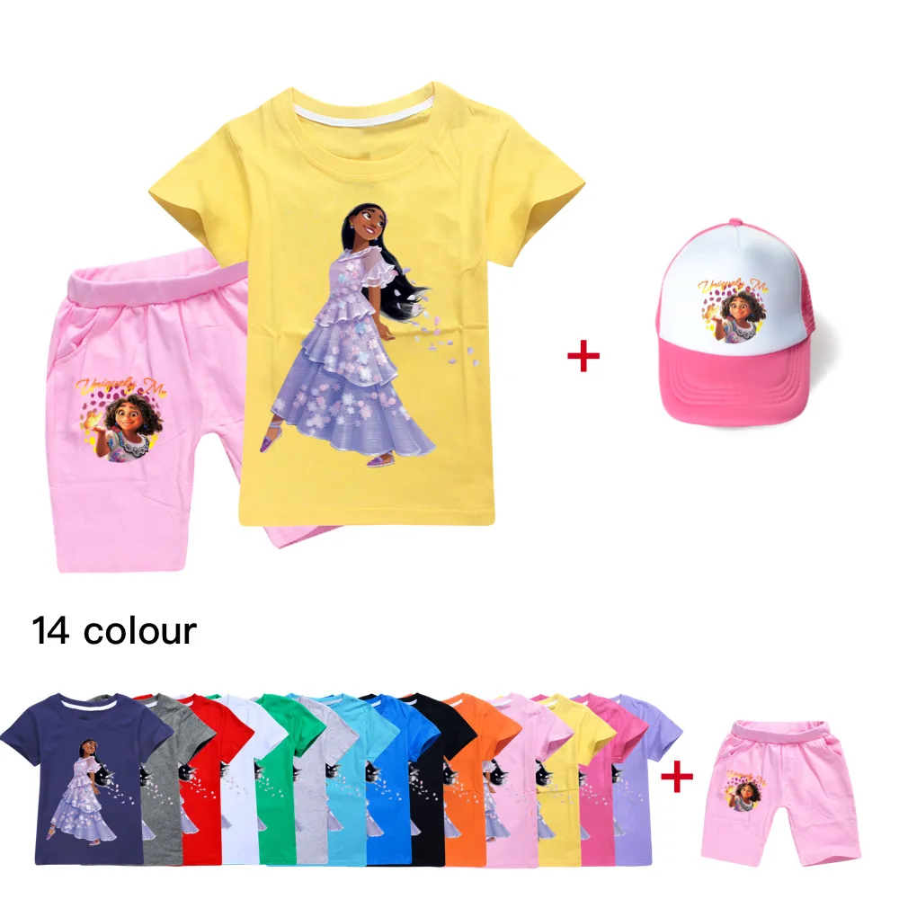 

2022 New Disney Summer Encanto Cartoon Printing Cotton Casual Boys and Girls Clothing T + Short Sleeve + Peaked Cap Set 2-16Y