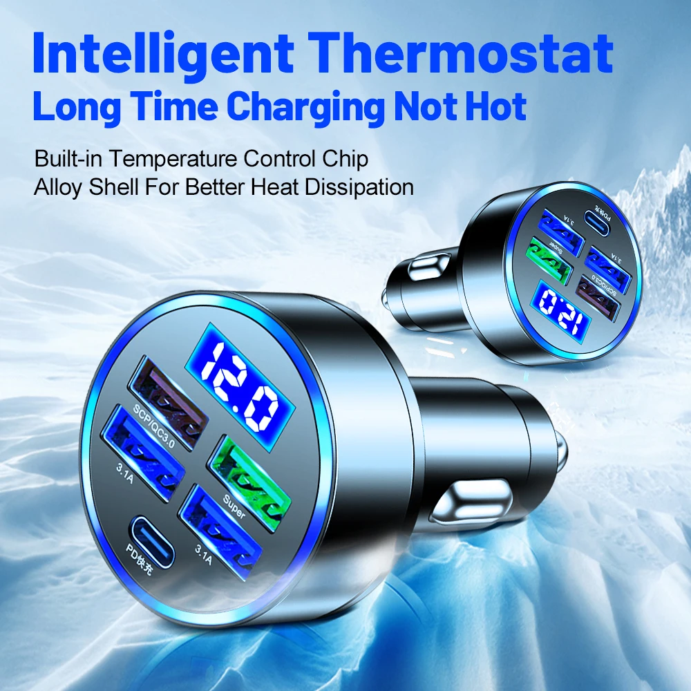 66W Car Charger QC3.0+PD USB Fast Charging 5-Port 4 USB+1 PD Cigarette Lighter Phone Digital Voltmeter