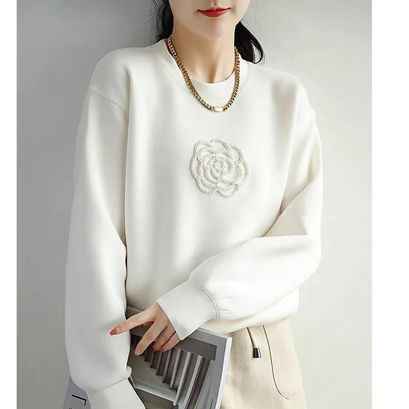 

Dresy Damskie 3D Flower O Neck Sweatshirt Korean Style Korean Chic White Black Long Sleeve Pullover Designer Luxury Tops I718