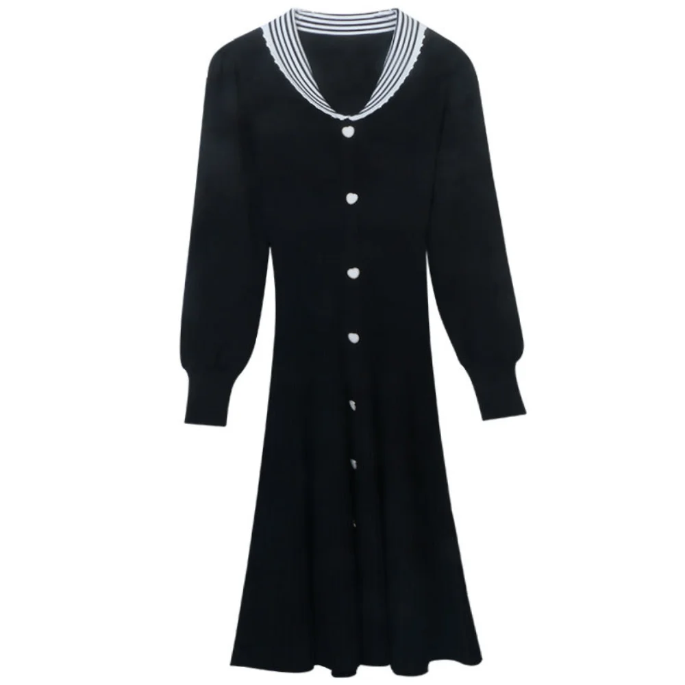 

Vestidos V-Neck Casual Women Striped Knitting Dresses Autumn Winter Long Sleeve Slim Button Midi Bodycon Dress Office Lady Robe