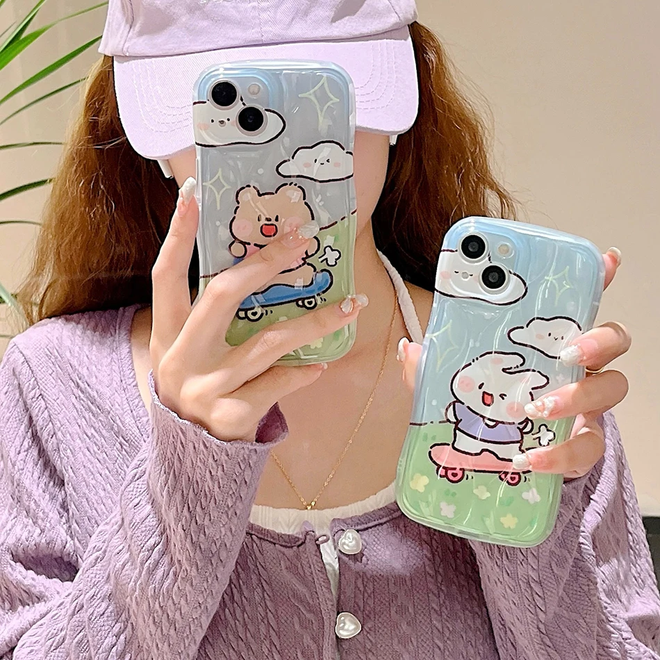 

Bubble IMD Skateboarding Bear Rabbit Case For iPhone 14 Pro Max 14 11 12 13 Pro Max Cover Soft Silicone Funda Protection Coque