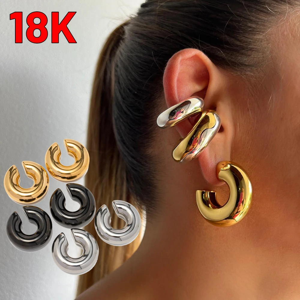 18K Stainless Steel Thick Cylindrical Tube Hollow Earrings for Women Ear Clip Chunky Metal Geometric Round Fashion Jewelry