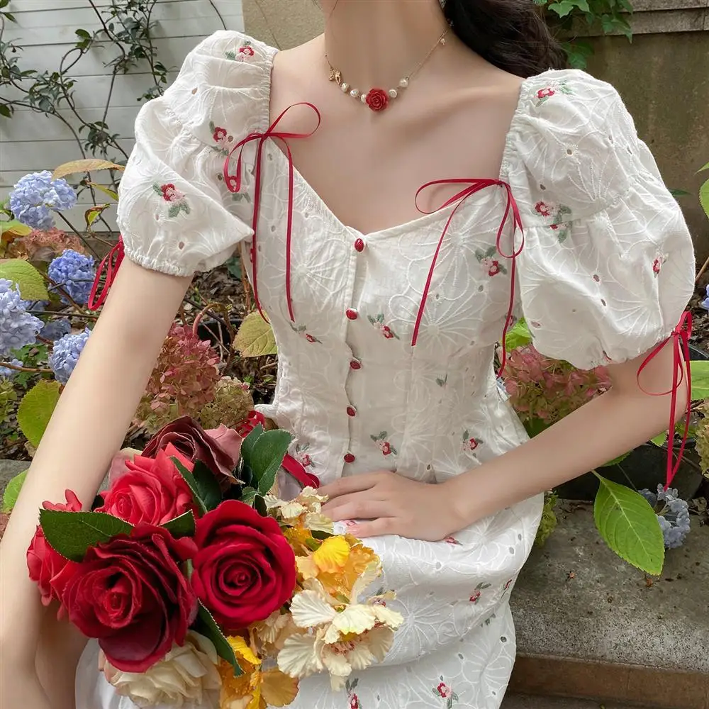 

French Fairy Girl Palace Style Vintage Square Embroidered Flower Dress Women Lantern Short Sleeve Robe Femme Elegant Summer