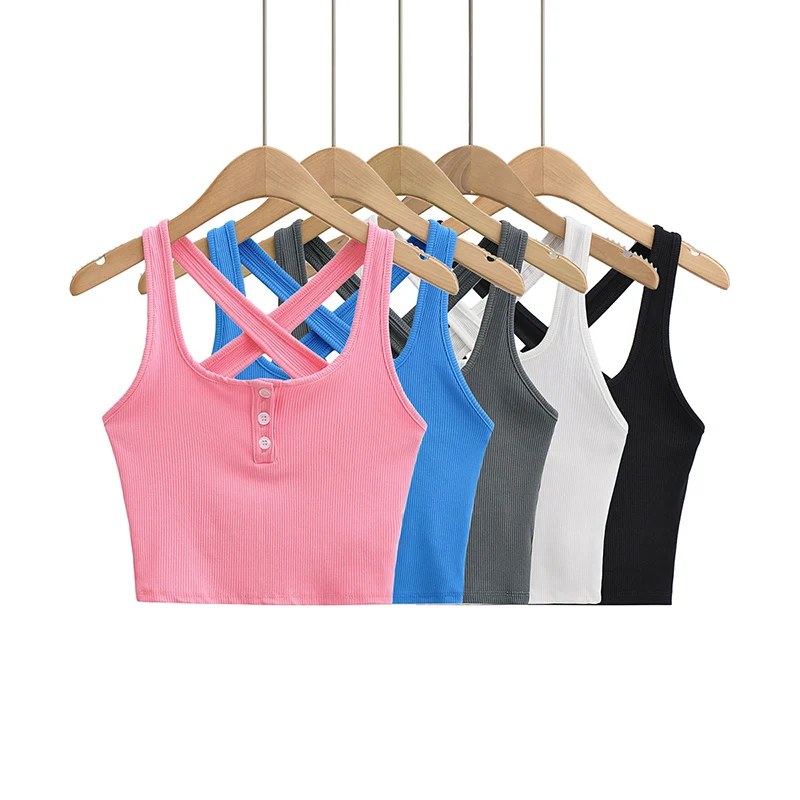 Sexy crop top knitted Summer tank tops women 2022 back criss cross top knit  cute halter top black button up tank top white pink - купить по выгодной  цене | AliExpress