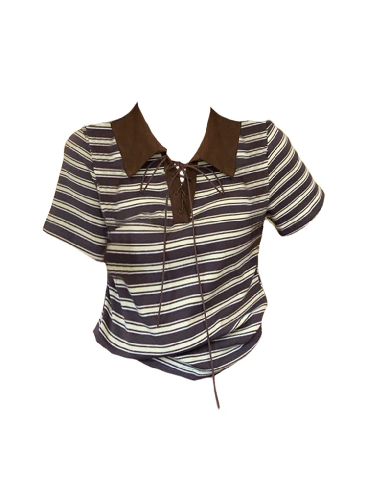 

Женская футболка в полоску, уютная Винтажная футболка с коротким рукавом и воротником-поло, в Корейском стиле, лето 2023