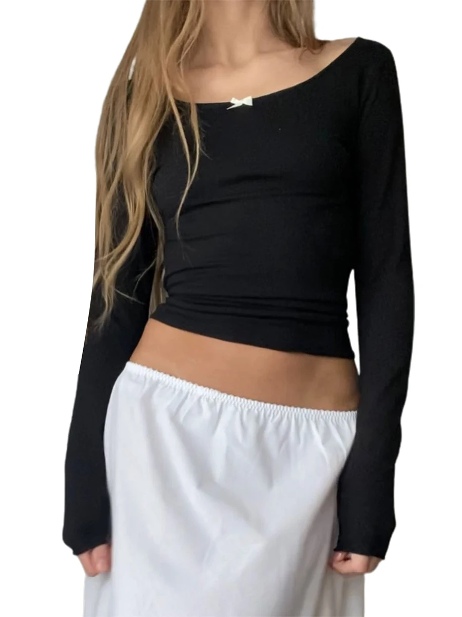 

Women Y2k Tee Crop Top Long Sleeve Lace Patchwork Fairycore Grunge T-Shirts Harajuku Aesthetic Street Tops