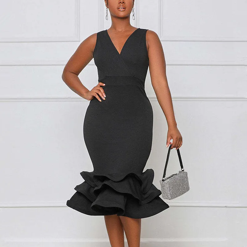 

2022 New Fashion Women Solid Color Sleeveless Ruffles Hem Midi Dress V Neck Bodycon Sexy Elegant Party Club Dress
