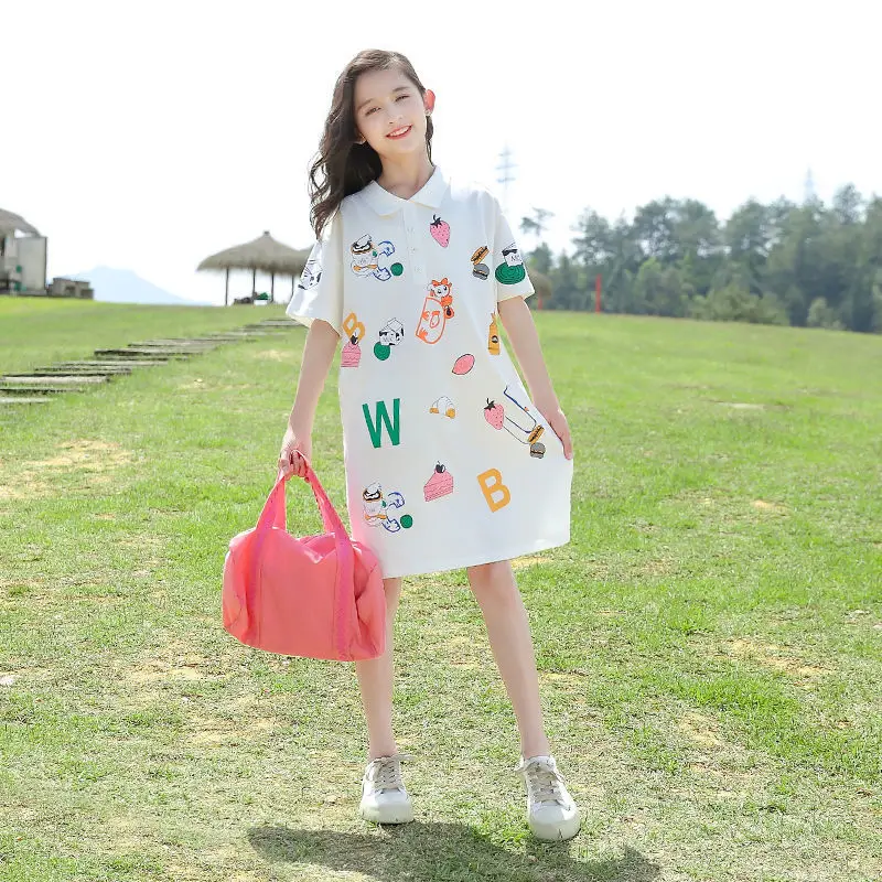 

2022 Girls Summer Korean Version Style Polo Collar Children Loose Dress Princess Skirt Girls Daliy Casual Dress