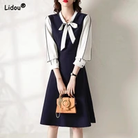 office lady bow v neck solid color patchwork spring elegant a line dress fashion loose waist long sleeved womens clothing 2022