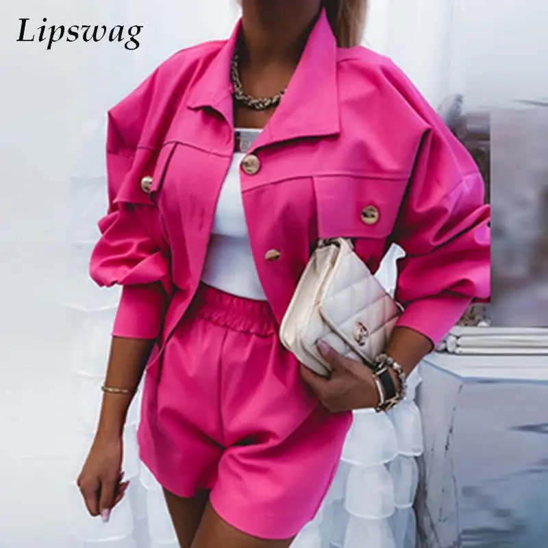 

Vintage Button Cargo Coat Outfits Fashion Turn-down Collar Jacket Tops And Shorts Suits Casual Letter Bear Shiny Drill Women Set