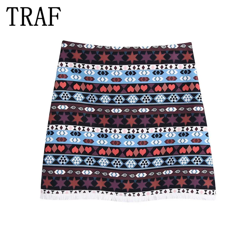 

TRAF Tassel Short Skirts Woman Print Vintage Mini Skirt Women High Waist Skirt Fashion 2021 Exotic Women's Stylish Skirts
