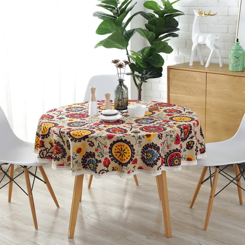 

Bohemian Ethnic Style Round Tablecloth With Lace Sunflower Cotton Linen Home Dinner Table Cloth Cover