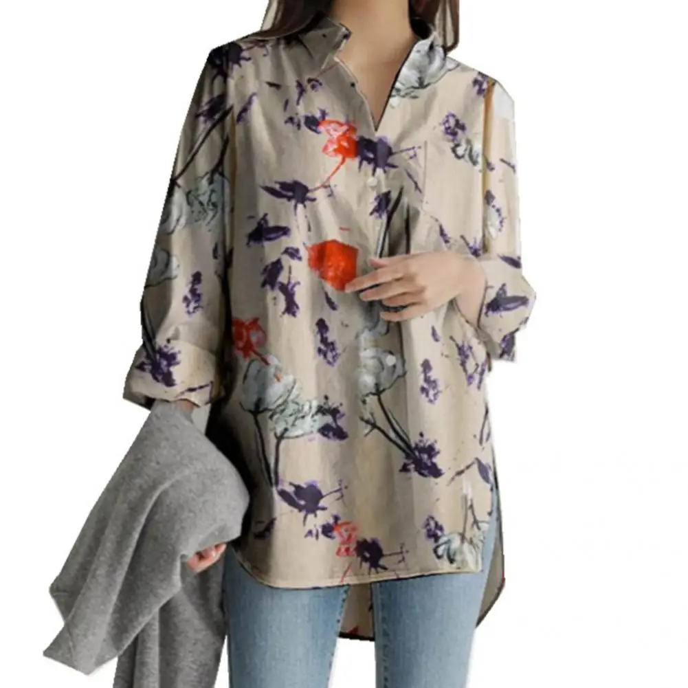 

Fabulous Women Shirt Single-breasted Long Sleeve Plus Size Loose Buttons Floral Lady T-shirt