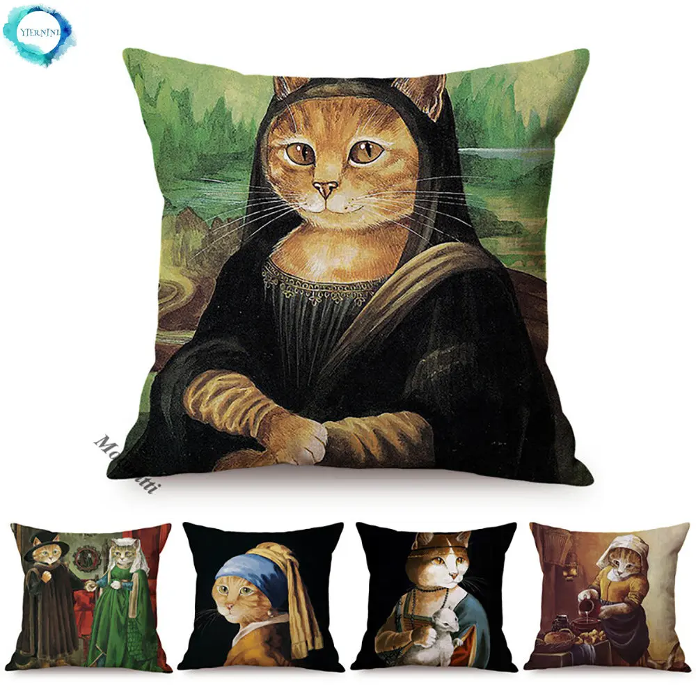 

45x45cm Cat Funny Portrait Imitate World Famous Oil Painting Nordic Art Poster Home Decor Cushion Cover Sofa Pillow Case
