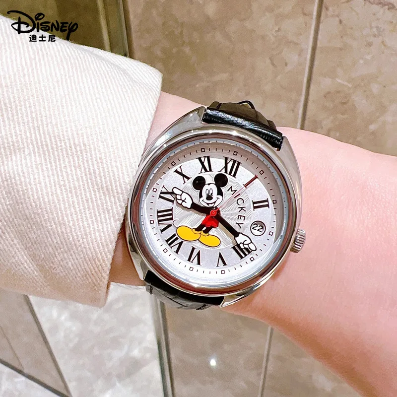 Disney Mickey Mouse Children Watches Luminous Leather Quartz Wristwatch Boy Girls Birthday Gift Student Clock Young Men Women