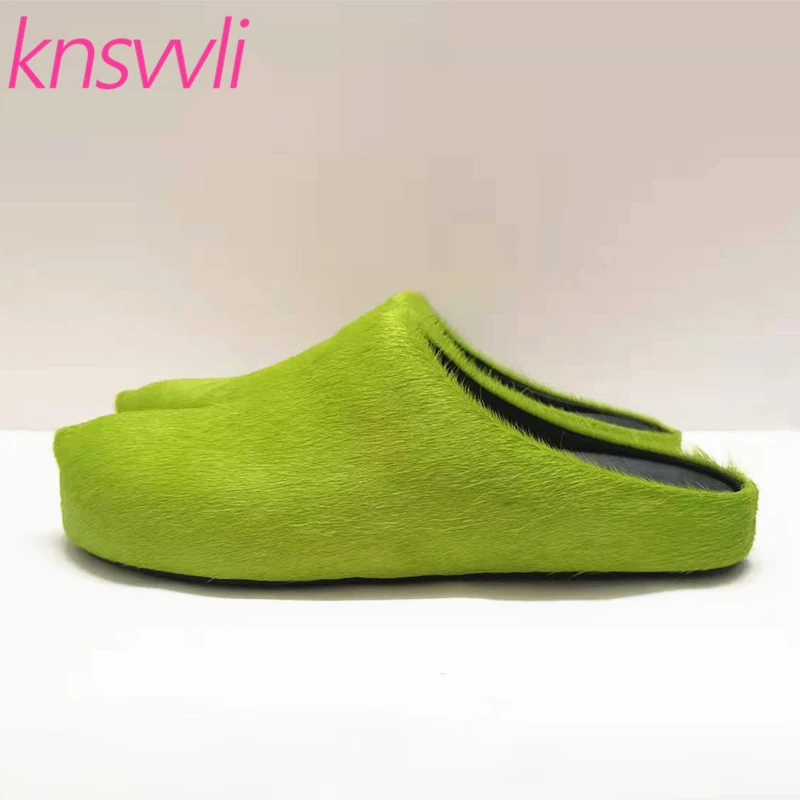 

New Fur Slippers Women Round Toe Flat Slides Shoes Woman Luxury Horse Hair Slippers Lady Casual Mules Women's Slippers 2022