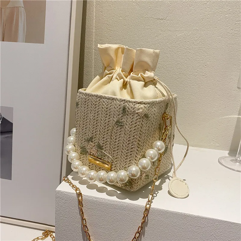 

2022 New Arrival Pearl Handbag Fashion Chain Shoulder Crossbody Bags Summer Beach Knitting Bucket Organizer Nice Gift For Women